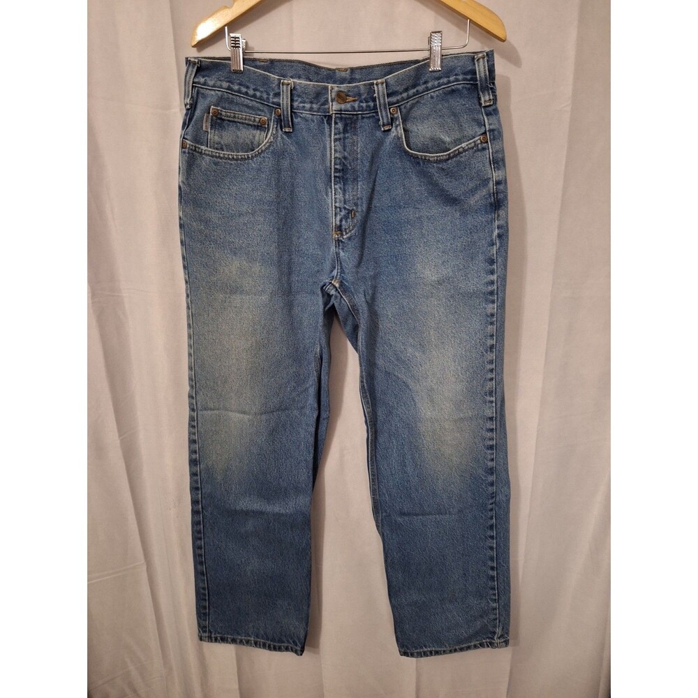 Vtg Carharrtt Relaxed Fit Jeans Men 36x32 (Fits 34x30) Blue Denim Leather Patch